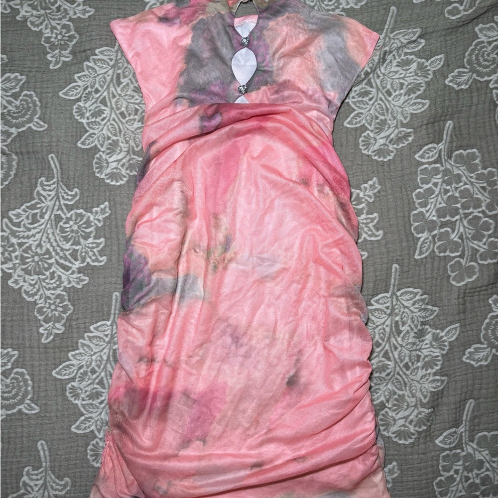 Pink and Gray Tie-Dye Strapless Mini Dress